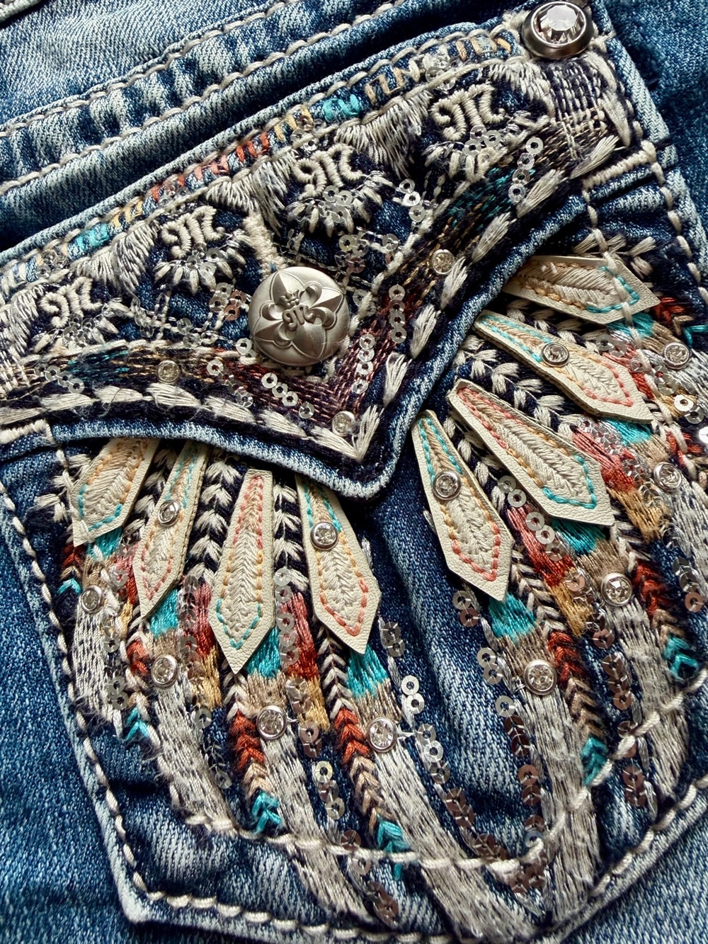 Miss Me Shorts 26 Denim Blue Jean Y2k Rhinestone Embellished Midi angel wing - Picture 4 of 10
